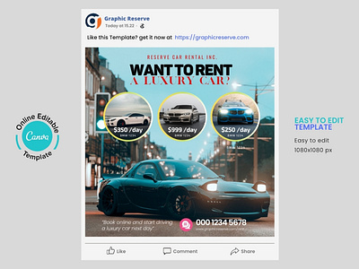 Car Rental Cava Template for Facebook and Instagram Post canva tamplate car rental canva tamplate car rental instagram banner digital marketing canva tamplate social media ads banner