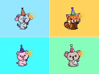 Animal with fireworks 🐘🐷🐨🎆 animal cartoon cute cuteanimal cutecartoon design graphic design koala logo mascot pig redpanda