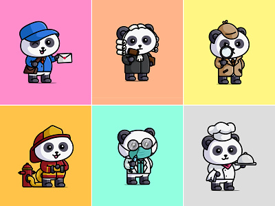 Panda with Proffesions🐼👨‍🚒🕵️‍♂️👩‍⚕️ cartoon cartoon panda cute cute panda cutecartoon design graphic design illustration logo logo panda mascot panda panda mascot vector