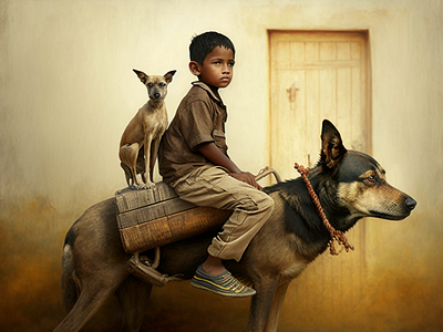 Boy riding on a Dog illustration