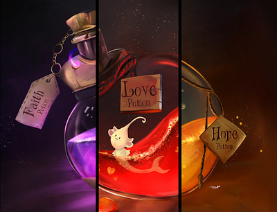Magic potions character character design creatures faith game art game illustration game props hope illustration love magic potions
