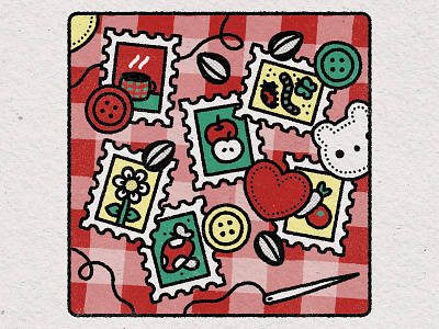 stamps cottagecore cozy cute design flat fruits graphic illustration illustrator kawaii sewing tartan vegetables
