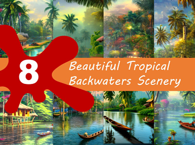 Beautiful tropical backwaters scenery (8 images) background backwaters branding design floral graphic design illustration natural nature river scenery sea vector water