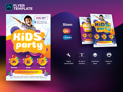 Kids Party Flyer PSD Template 3d balloon birthday blob cartoon celebration child children colorful colors contest draw fresh fun games glossy glow holiday kid kids