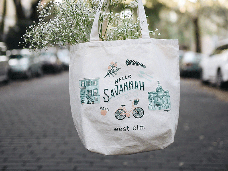 West Elm Savannah bicycle historic illustration jasmine lettering peach tote bag