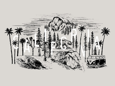 California Collage bear big sur california climbing joshua tree palm trees red woods surfing vw bus wave yosemite