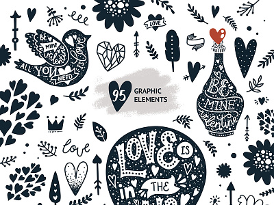 Valentine's day pack illustration lettering love set valentine