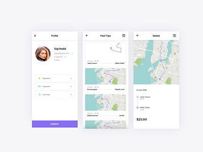 Trip History android app buttons cab ride calendar commute app ios app ios application maps past trips payments profile ride app route map trending ui trip history ui ui ux design web design web template wireframes