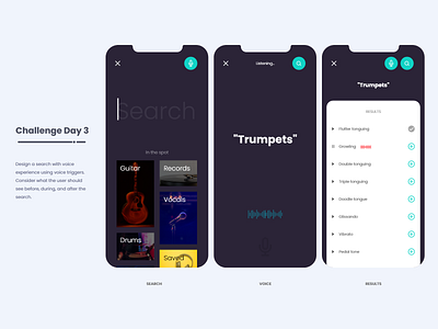 Music Creation App - Search add items add list amplifier challenge close dark theme icons list mobile app music app music creation app pop up search search bar slider trending ui ui uiux voice serach voice trigger