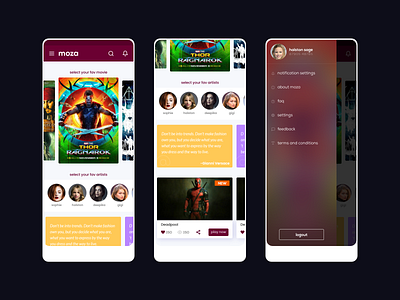 Moza - Movies and Cntests account android app blur buttons cards cards ui carousel colors contests icons interactiondesign mobile app movies new profile qoutes settings slider uidesign uiux