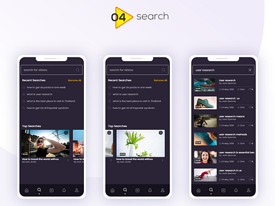 DADOS - Video Uploading App - Search add bottom navigation cards close enter enterprise ux icons input list mobile app profile search top searches trending ui type video streaming video upload watch later web template webdesign