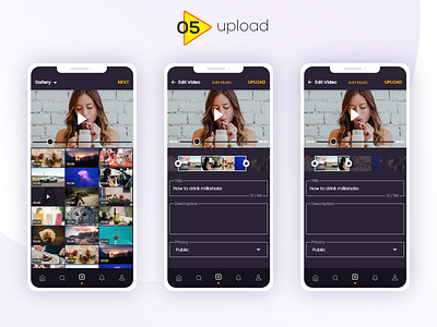 DADOS - Video Uploading App - Upload andoid app buttons colors dashboard filter idea mobile application navigation notification pop up profile tabs trending ui typography ui ux video edit video streaming video upload web application