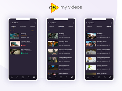 DADOS - Video Uploading App - My Videos andoid app buttons colors dashboard filter idea mobile application navigation notification pop up profile tabs trending ui typography ui ux video edit video streaming video upload web application