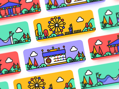 Travel Memorial Card card cold design ferris wheel green happy illustration lovers merry go round playground roller coaster ui