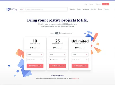 Creative Market Pro - Pricing Page clean digital assets pricing pricing page saas serif
