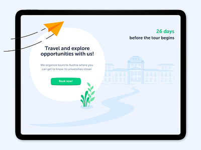 Explore study opportunities austria blue colors concept doodles education explore fly green illustration landing pale plane study tour travel ui university webdesign website