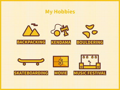 My hobbies backpacking bouldering hobby icon icon design kendama movie music festival skateboarding ui