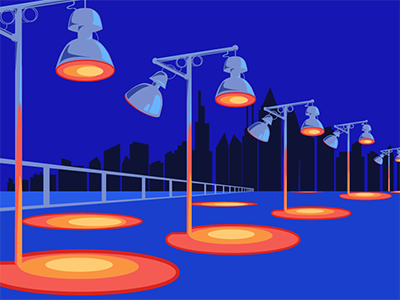 Streetlamps blue and red cell-shaded illustrator perspective drawing red and blue streetlamp vector vector illustration