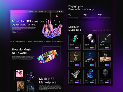 Website NFT for Music Creators dark mode design desktop landing page marketplace nft ui