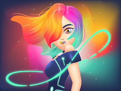 Rainbow hair Girl design girl illustraion robot bird vector