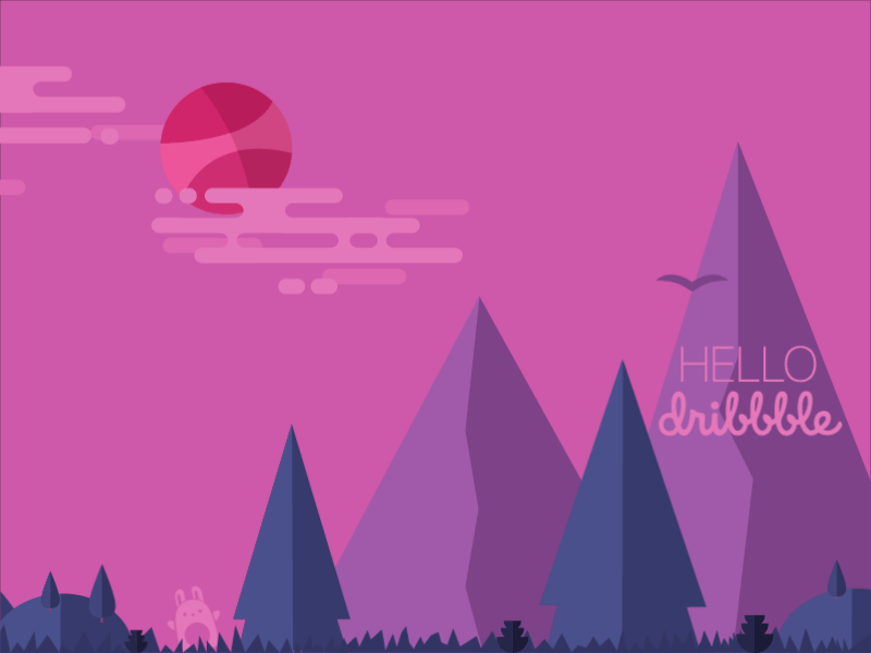 Greeting to dribbble! bunny design dummy flat gif hello moon motion pic simple sun
