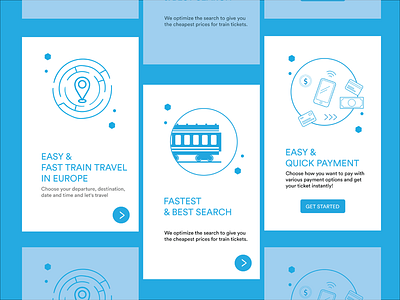 Walk-through screens application booking clean app design design app search train ui walk through