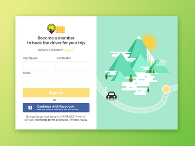 Ownrides - Sign Up modal booking driver landscape travel tripsignup