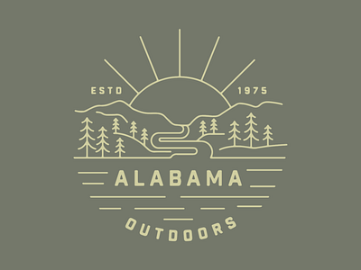 Alabama Outdoors alabama badge circular design hand drawn hiking illustration landscape linework mountains natural outdoor outdoor badge outdoors patch river sun trees typogaphy vector