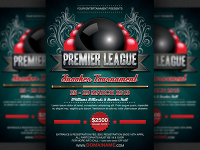 Snooker Flyer Template advertising bar billiard black cue design event flyer game green modern pool psd pub snooker sport template tournament