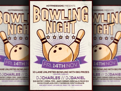 Bowling Night Flyer Template advertising bowling bowling flyer bowling tournament design dj event promotion retro