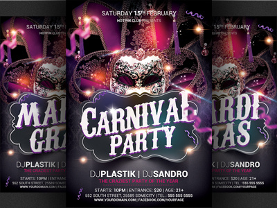 Carnival n Mardi Gras Party Flyer Template advertisimg brazil carnaval carnival flyer colourful design mardi gras mardigras masquerade party modern