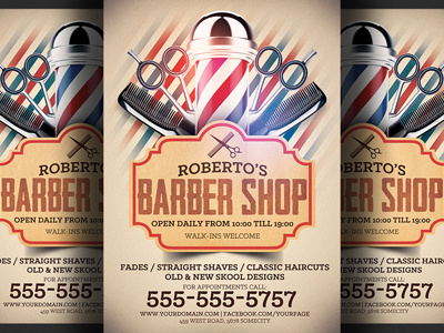 Barber Shop Flyer Template advertising barber barber shop flyer barbering barbershop blue coupons facials hair cuts modern salon flyer scissors