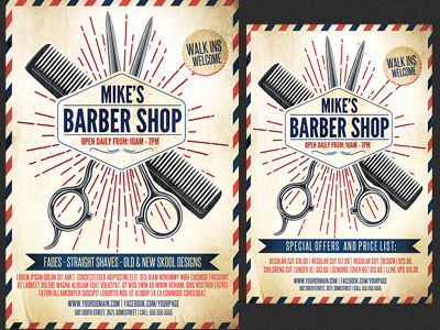 Barber Shop Promotion Flyer Template advertising barber barber shop flyer barbering barbershop coupons facials hair cuts hair cutting modern salon flyer scissors