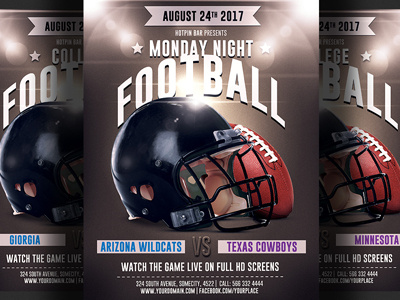 American Football Game Flyer Template american football college football event football game friday night football monday night football ncaa nfl playoffs sports bar super bowl super bowl flyer