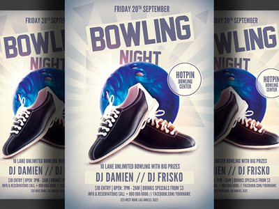 Bowling Night Party Flyer Template advertising bowling bowling alley bowling event bowling flyer bowling tournament club design dj event flyer pins