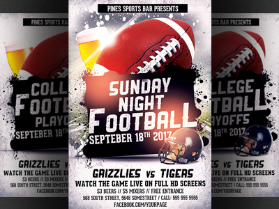 American Football Game Flyer Template american football college football event friday night football monday night football ncaa nfl playoff sports bar super bowl super bowl party superbowl flyer