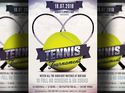 Tennis Match Flyer Template flyer template poster promotion psd sports bar template tennis tennis ball tennis flyer tennis match tennis open tennis tournament