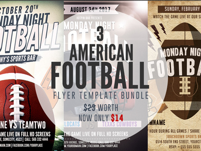 American Football Flyer Template Bundle american football flyer college football monday night football nfl playoff sport flyer template super bowl super bowl 50 super bowl party superbowl