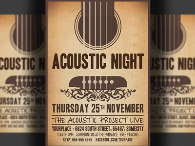 Acoustic Night Rock Party Flyer Template acoustic event acoustic guitar band classic rock concert guitar night jazz flyer live music minimal rock bar rock flyer talent show flyer