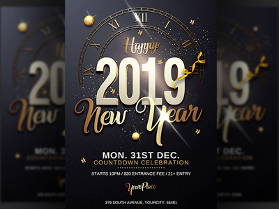 Classy New Year Party Flyer Template 2019 party christmas party club flyer dj flyer flyer design gold merry christmas new year new year 2019 new year countdown new year invitation new year party new year party flyer new years eve nightclub nye nye flyer nye invitation party
