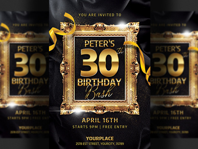 Birthday Bash Invitation Flyer Template anniversary bash birthday bash birthday invitation birthday party flyer black card celebration classy elegant event gold party flyer poster psd template white