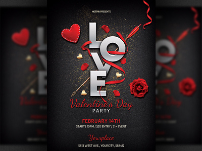 Elegant Valentines Day Party Flyer classy club flyer design elegant flyer design flyer template gold heart invitation modern party flyer poster psd template red saint valentines st valentines template valentines day valentines day bash valentines day card