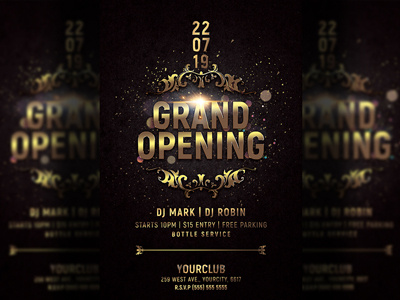 Grand Opening Party Flyer Template black classy club club flyer design elegant event flyer design glamour night gold gold and black grand opening flyer grand opening invitation invitation ladies night party flyer poster psd template template vip party