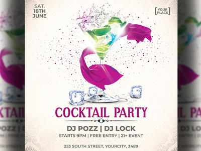 Cocktail Party Flyer Template cocktail cocktail lounge cocktail night cocktail party design elegant event event poster glamour glass happy hour ladies lemon mojito music night night club nightclub party psd