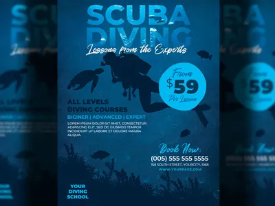 Scuba Diving Flyer Template advertising design diving lessons diving school flyer flyer design poster print promotion psd template scuba diving scuba diving school summer