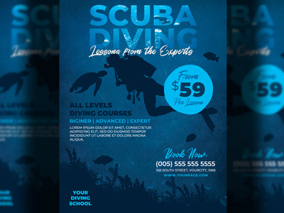 Scuba Diving Flyer Template advertising design diving lessons diving school flyer flyer design poster print promotion psd template scuba diving scuba diving school summer