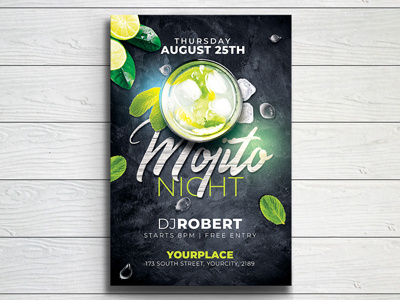 Mojito Night Flyer Template advertising beach bar club flyer cocktail bar cocktails design drinks flyer flyer template happy hour mojito flyer mojito party flyer night club party flyer photoshop pool bar print promotion psd summer flyer