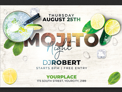 Mojito Night Party Flyer Template advertising bar beach bar club flyer cocktail cocktail bar cocktail flyer design dj flyer drinks event flyer design happy hour hotpin mojito flyer mojito party nightclub party flyer photoshop pool bar