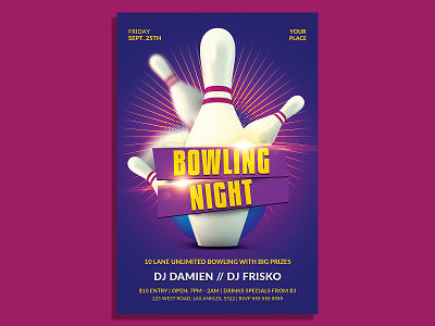 Bowling Night Flyer Template advertising bowling bowling flyer bowling party bowling tournament club flyer design event flyer design invitation party party flyer poster promotion psd template template
