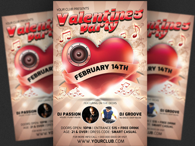 Valentines Day Party Flyer Template bar clean design dj event february flyer glamour glow gold heart love nightclub party red sexy speakers sweet valentines day valentines party